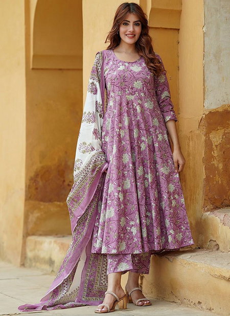 Lavender Colour Rayon Printed Kurti With Pant Dupatta Wholesale Online Aaradhna 2046
